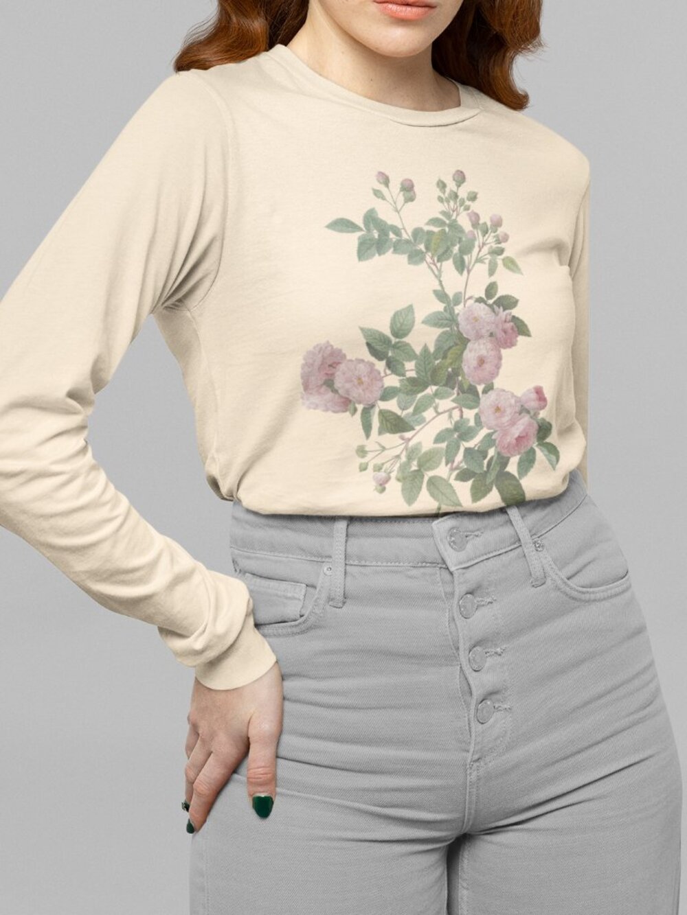 Rose Vintage Floral Print Long Sleeve Graphic Tee T-shirt S-XXL
